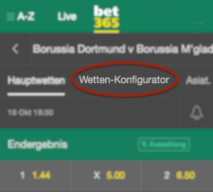 Bet365 Wettkonfigurator Auswahl