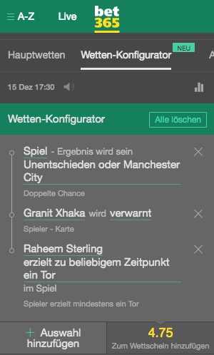 Bet365 Bet builder Wette Arsenal Manchester City