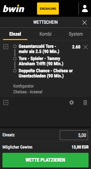 Konfigurator Tipp Bwin Chelsea vs. Arsenal