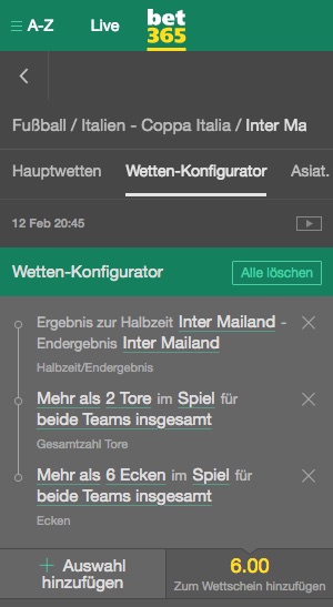 Bet365 Konfigurator Wette auf Inter Napoli