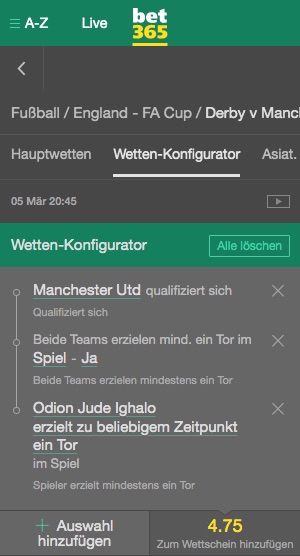 Bet365 Konfigurator TIpp FA Cup Derby County vs. Manchester United