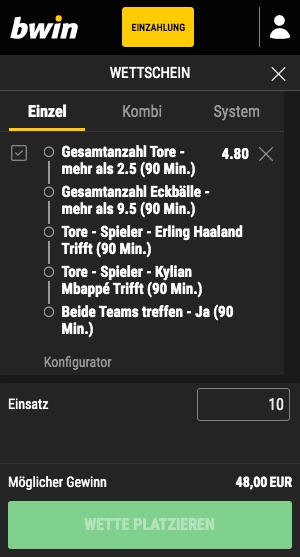 Bwin Konfigurator Tipp zu PSG gegen Dortmund