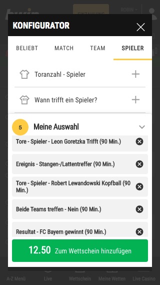 Bwin Konfigurator Wette auf Bayern gegen Düsseldorf Gesamtquote 12,50