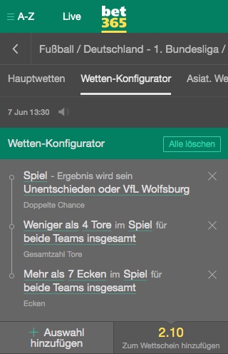 Bet365 Konfigurator Tipp Werder Wolfsburg