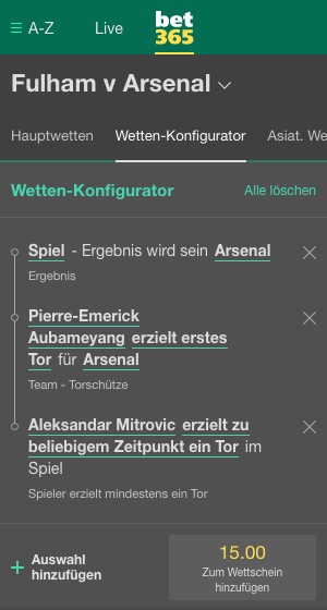 Bet365 Konfigurator Wett Tipp zum Premier League Auftakt Fulham Arsenal