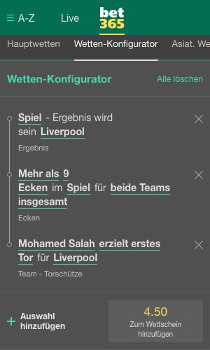 Bet365 Konfigurator Tipp Liverpool Arsenal