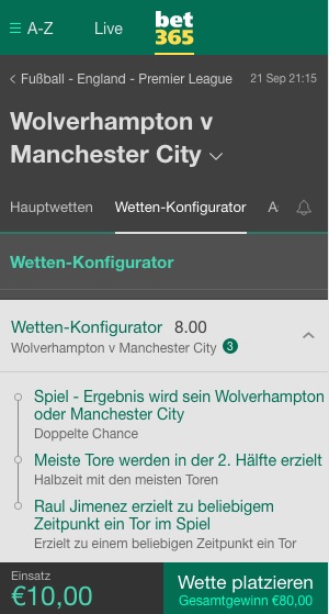 bet365 Konfigurator Tipp Wolves vs. City