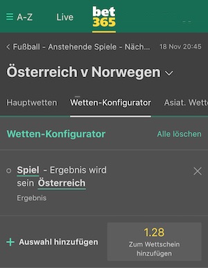 Österreich gewinnt gegen Norwegen Quote 1,28 Bet365 Bet Builder