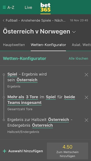 Österreich Norwegen Konfigurator Kombiwette bei Bet365