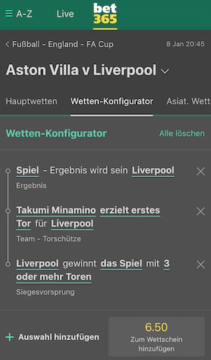 Aston Villa Liverpool FA Cup Runde 1 Konfigurator Tipp