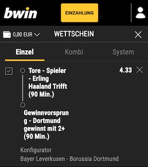 Bwin Konfigurator Wett Tipp Leverkusen gegen Dortmund