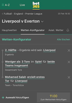 bet365 Konfigurator Tipp zum Merseyside Derby zwischen Liverpool und Everton am 20.02.2021