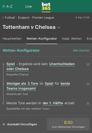 bet365 Konfigurator Tipp Tottenham Chelsea