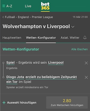 Wolverhampton Liverpool Konfigurator Wette bei bet365 2er Kombi