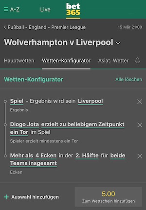 Wolves gegen LFC Konfigurator Tipp mit Eckstößen Over Under Wette