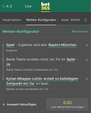 Bayern PSG Wett tipp im Bet365 Konfigurator