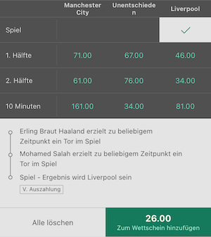 bet365 Wett Tipp zu Man City Liverpool mit Quote 26 im Wettknofigurator. Tipp Haaland und Salah treffen und Liverpool gewinnt.