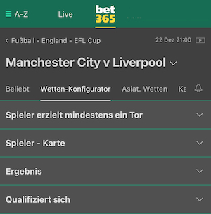 bet365 Wetten auf Man City gegen Liverpool im EFL Cup 2022/23