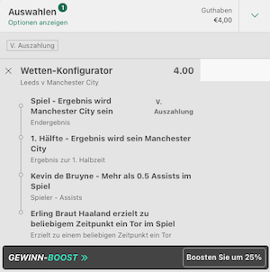 Leeds vs. Manchester City Konfigurator Wett Tipp Manchester City gewinnt Halbzeit 1 und das Spiel, Kevin De Bruyne erzielt mindestens einen Assist und Haaland mindestens ein Tor