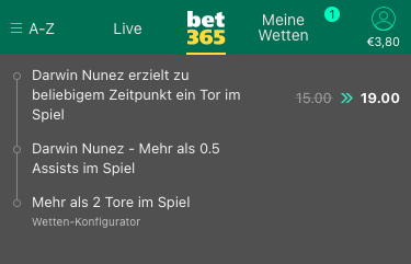 Bet365 Konfigurator Boost Brentford Liverpool Nunez trifft, Nunez Assist und Liverpool gewinnt